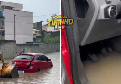 Pai vê filho desolado ao perder carro em inundação e decide alertar outros motoristas em Macaé